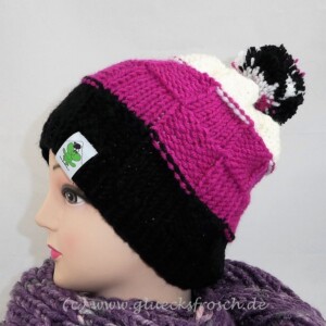 mütze schwarz, pink, weiß bommel