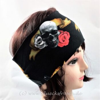 Stirnband mit Totenkopf, Rosen und Gitarren