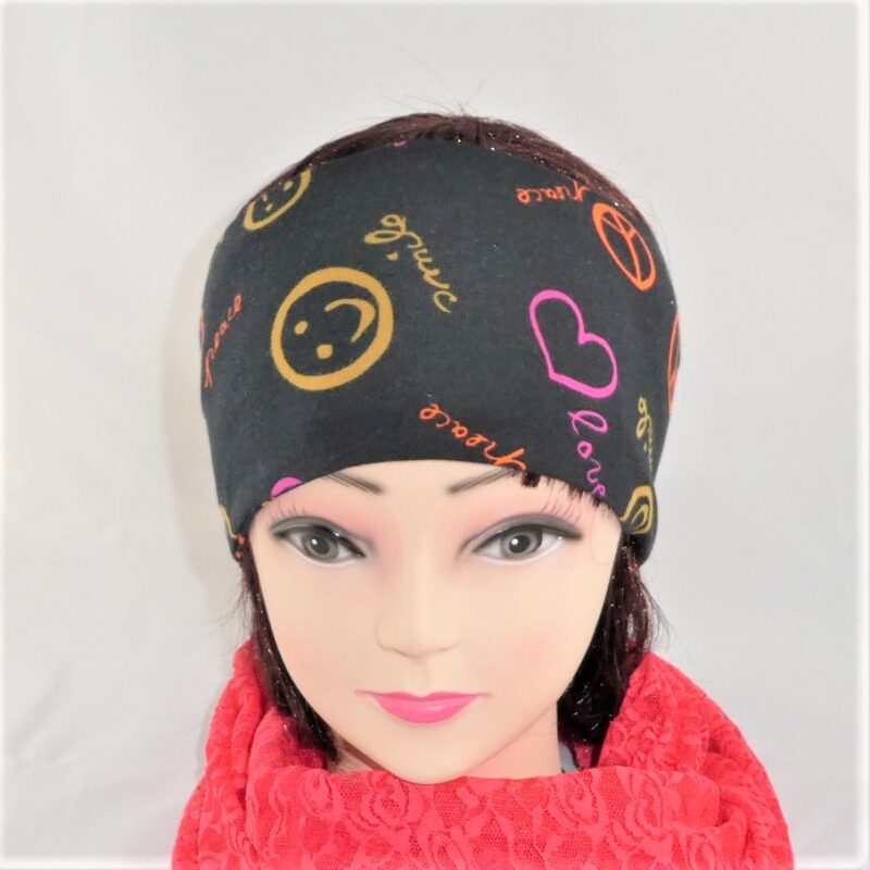 Schwarzes Stirnband mit Peace, Love und Smile