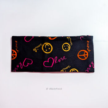Schwarzes Stirnband mit Peace, Love und Smile