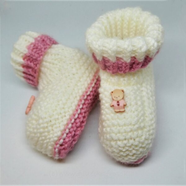 Babyschuhe, weiß mit rosa und kleinem Teddybär, Fußlänge 9 cm, kuschelweiche Babywolle