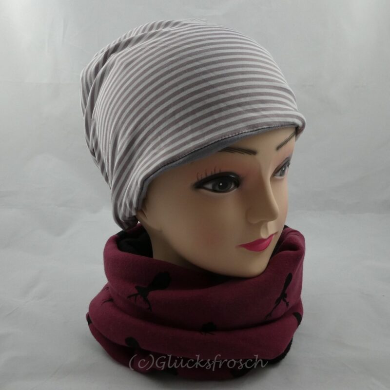 Wendebeanie, Mütze aus Jersey, gestreift, beige, weiß, Gr. 55 -60 cm Kopfumfang