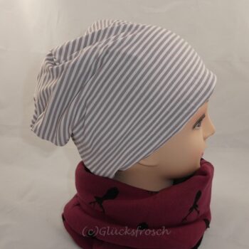 Wendebeanie, Mütze aus Jersey, gestreift, beige, weiß, Gr. 55 -60 cm Kopfumfang