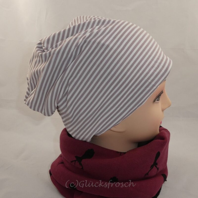 Wendebeanie, Mütze aus Jersey, gestreift, beige, weiß, Gr. 55 -60 cm Kopfumfang