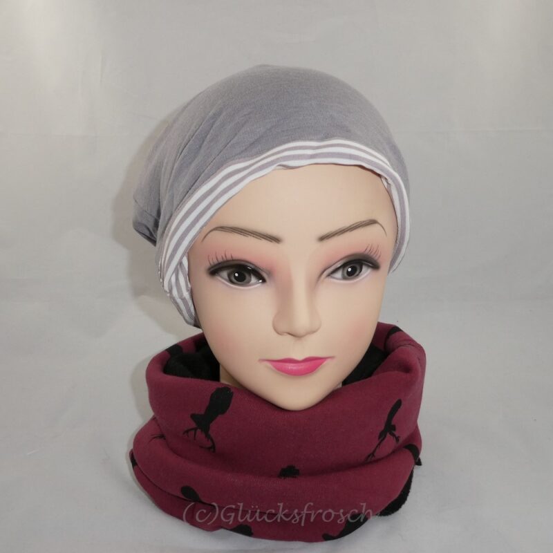 Wendebeanie, Mütze aus Jersey, gestreift, beige, weiß, Gr. 55 -60 cm Kopfumfang