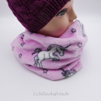 Kinder Schlauchschal aus rosa Wellnessfleece mit Einhörner