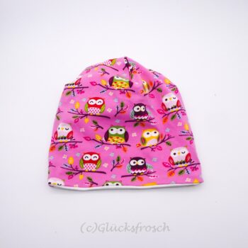 Beanie pink Eulen, 44 cm, glücksfrosch (2) (Kopie) Kinderbeanie rosa Eulen