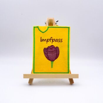 Impfausweishülle, Hülle für Impfpass, gelb mit weinroter Tulpe, etwas größer, passend auch für den alten gelben Impfausweis