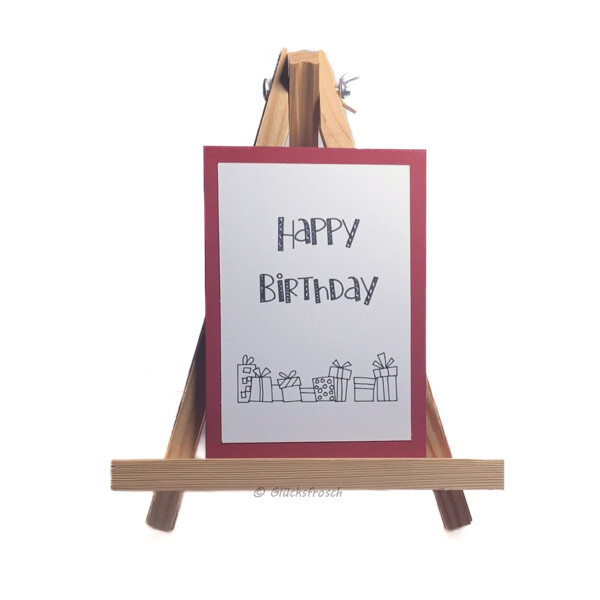 Geburtstagskarte "Happy Birthday" weinrot mit vielen kleinen Päckchen, weißer Aufleger