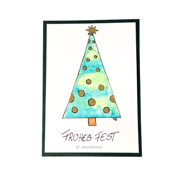 Weihnachtskartemit handgezeichnetem grünen Weihnachtsbaum mit goldenen Kugeln, Aquarell – Doppelkarte A6
