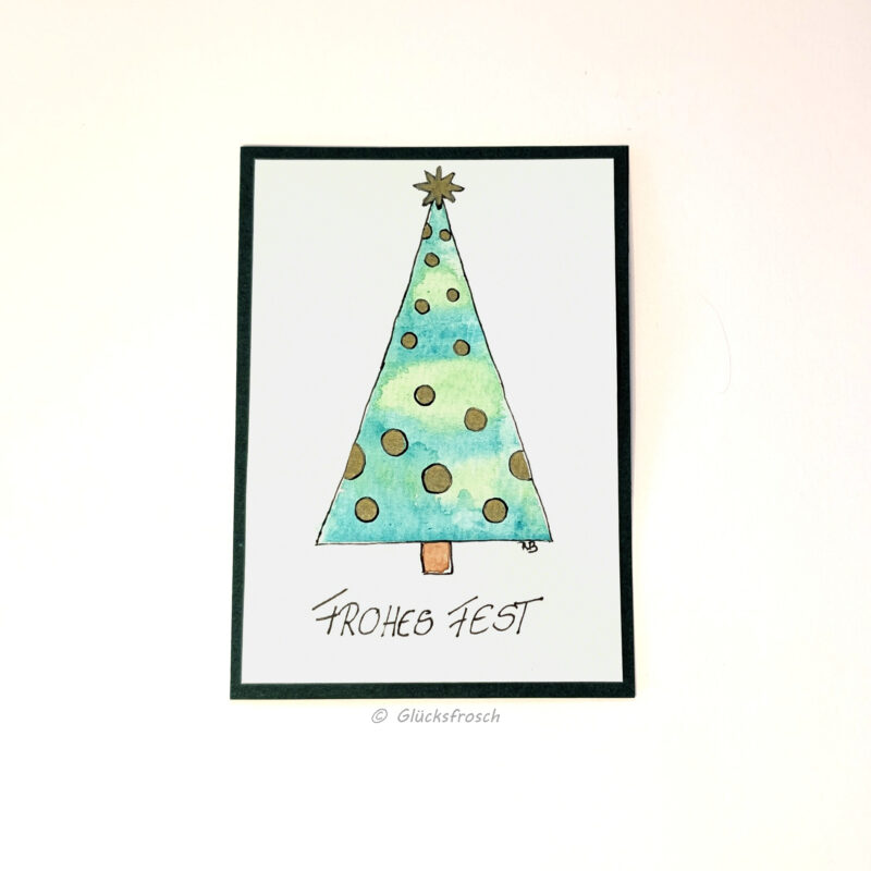 Weihnachtskartemit handgezeichnetem grünen Weihnachtsbaum mit goldenen Kugeln, Aquarell – Doppelkarte A6 (Kopie)