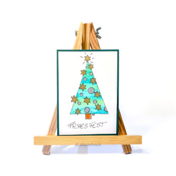 Weihnachtskartemit handgezeichnetem grünen Weihnachtsbaum mit goldenen Kugeln, Aquarell – Doppelkarte A6 (Kopie)