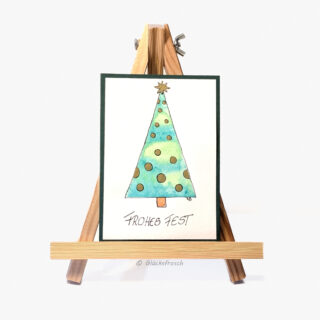 Weihnachtskartemit handgezeichnetem grünen Weihnachtsbaum mit goldenen Kugeln, Aquarell – Doppelkarte A6
