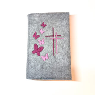 Gotteslobhülle, Filz, grau, mit Schmetterlingen und 3 Kreuzen
